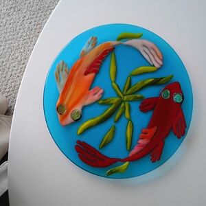 Beautiful Fused Art Glass Plate with Koi Fish